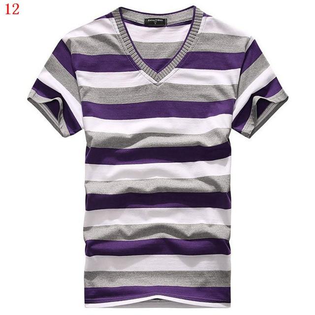 MwOiiOwM 2018 Male V-neck T-shirt Men's Short Sleeve Tshirt Man Cotton Striped T Shirts Mens Clothing Multi Size