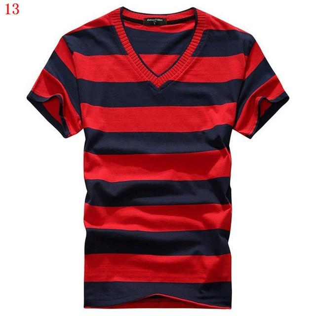 MwOiiOwM 2018 Male V-neck T-shirt Men's Short Sleeve Tshirt Man Cotton Striped T Shirts Mens Clothing Multi Size