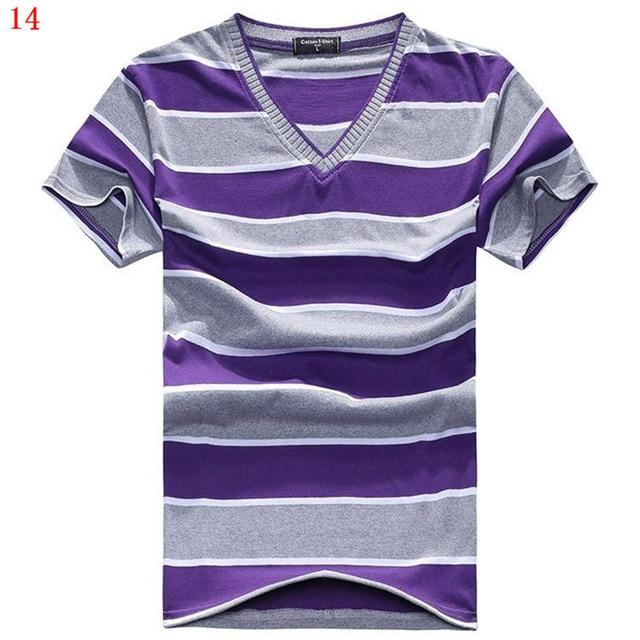 MwOiiOwM 2018 Male V-neck T-shirt Men's Short Sleeve Tshirt Man Cotton Striped T Shirts Mens Clothing Multi Size