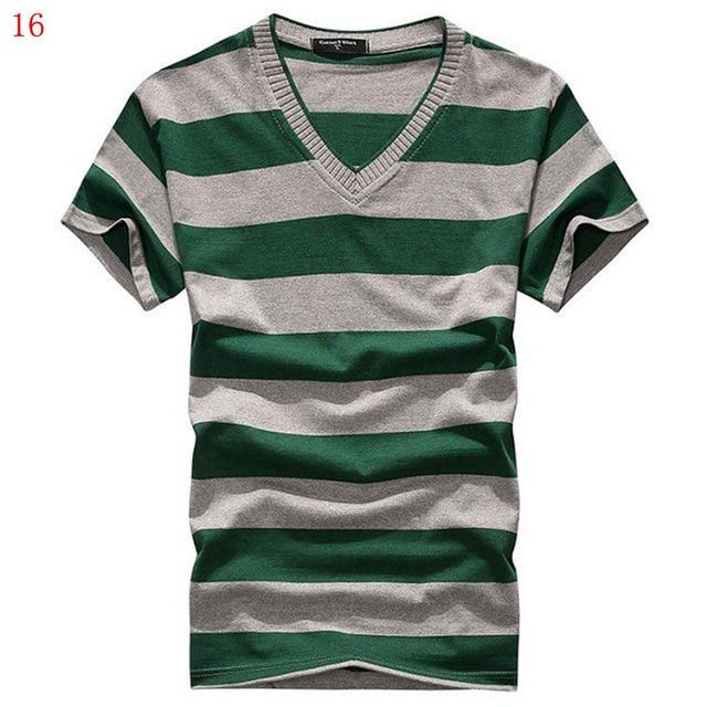 MwOiiOwM 2018 Male V-neck T-shirt Men's Short Sleeve Tshirt Man Cotton Striped T Shirts Mens Clothing Multi Size