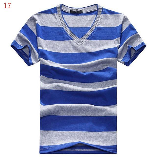 MwOiiOwM 2018 Male V-neck T-shirt Men's Short Sleeve Tshirt Man Cotton Striped T Shirts Mens Clothing Multi Size