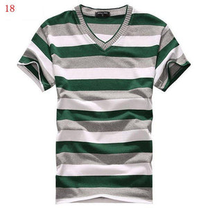 MwOiiOwM 2018 Male V-neck T-shirt Men's Short Sleeve Tshirt Man Cotton Striped T Shirts Mens Clothing Multi Size