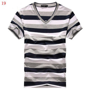 MwOiiOwM 2018 Male V-neck T-shirt Men's Short Sleeve Tshirt Man Cotton Striped T Shirts Mens Clothing Multi Size