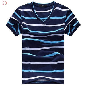 MwOiiOwM 2018 Male V-neck T-shirt Men's Short Sleeve Tshirt Man Cotton Striped T Shirts Mens Clothing Multi Size