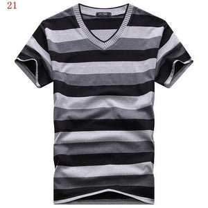 MwOiiOwM 2018 Male V-neck T-shirt Men's Short Sleeve Tshirt Man Cotton Striped T Shirts Mens Clothing Multi Size