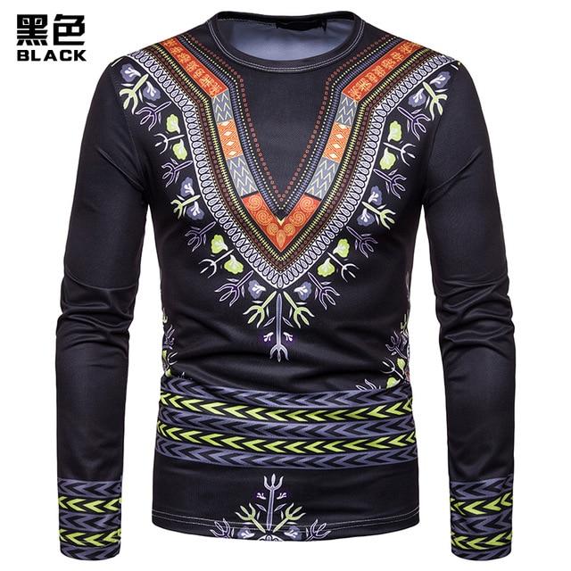 Personality Casual 3D Printed National Africa Clothing Round Neck Long Sleeved Hip Hop Style T Shirt Men