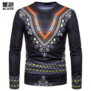 Personality Casual 3D Printed National Africa Clothing Round Neck Long Sleeved Hip Hop Style T Shirt Men