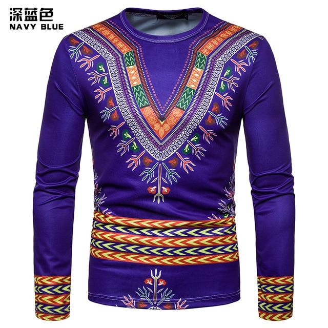 Personality Casual 3D Printed National Africa Clothing Round Neck Long Sleeved Hip Hop Style T Shirt Men