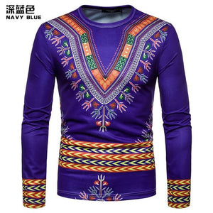 Personality Casual 3D Printed National Africa Clothing Round Neck Long Sleeved Hip Hop Style T Shirt Men