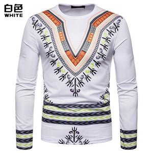 Personality Casual 3D Printed National Africa Clothing Round Neck Long Sleeved Hip Hop Style T Shirt Men