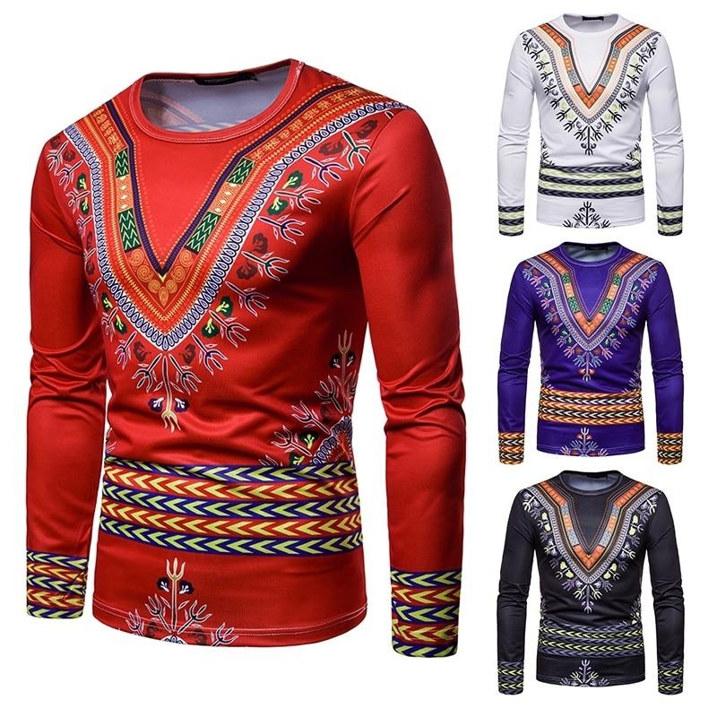 Personality Casual 3D Printed National Africa Clothing Round Neck Long Sleeved Hip Hop Style T Shirt Men