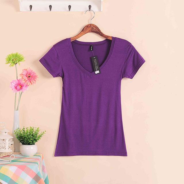 2019 Hot Sale Stretch Summer New Women T Shirts Ms Solid Color Short Sleeve tshirt Women's Fashion Cotton V-neck T-shirt W00622