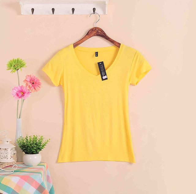 2019 Hot Sale Stretch Summer New Women T Shirts Ms Solid Color Short Sleeve tshirt Women's Fashion Cotton V-neck T-shirt W00622